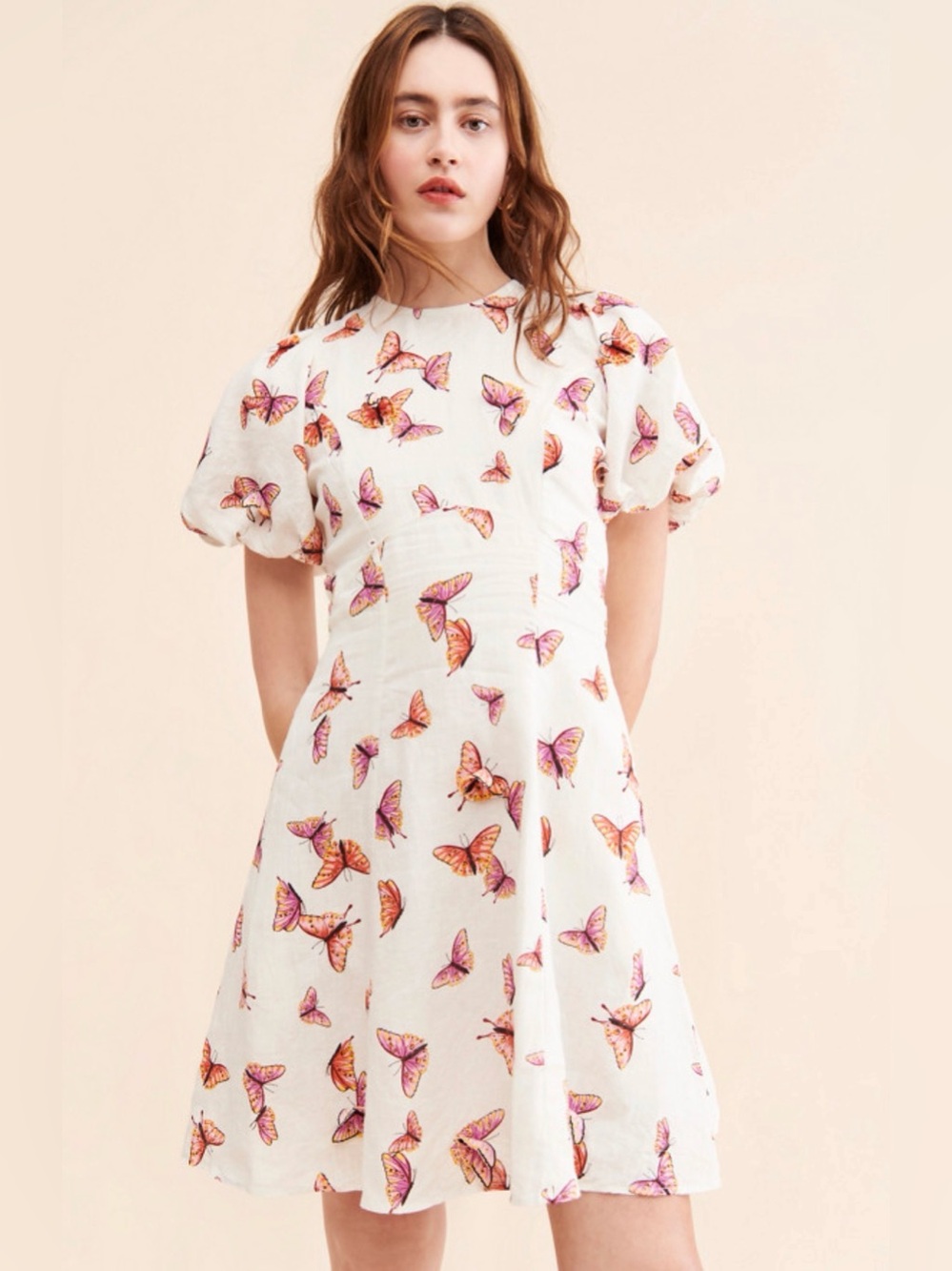 Banjanan Gracia linen butterfly kaleidoscope print dress Sz L puff sleeve